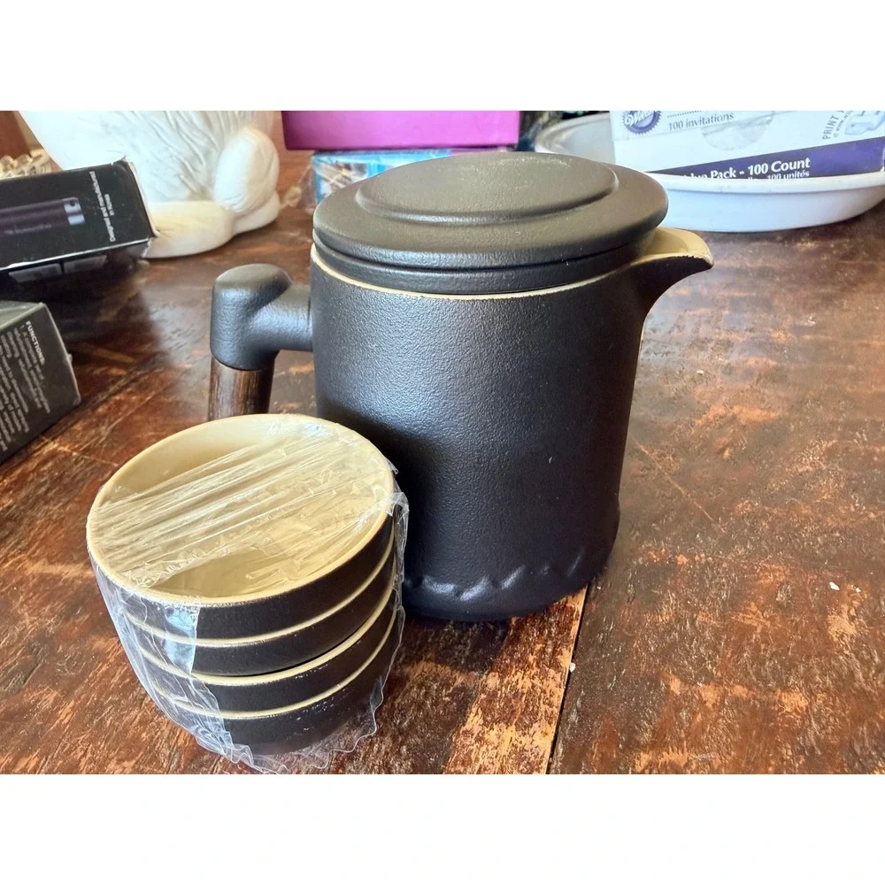Brown & black mountain Ceramic Tea Set w/ 4 cups Wood Handle Japanese Wabi Sabi